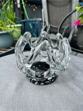 Hand Blown Art Glass Crown Bowl Black White Confetti MCM Décor